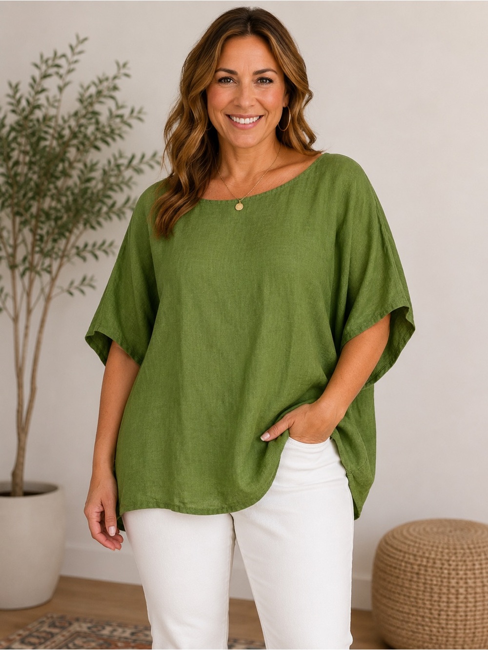 Made In Italy Green Short Sleeve Shirt Top Lagenlook One Size NWT 100% Lino